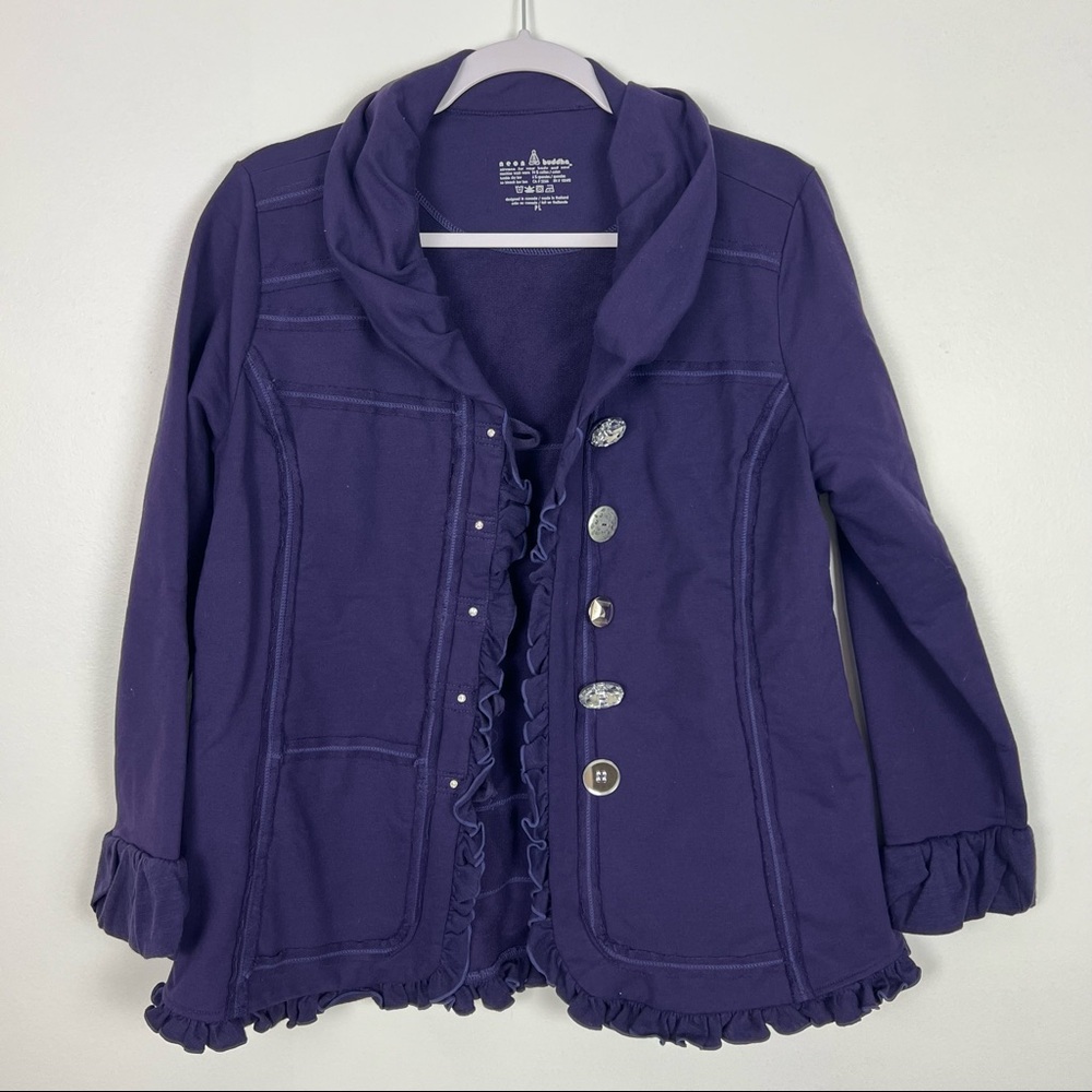 Neon Buddha Knit Jacket Large Buttons Ruffle Purple Size Petite Large - Picture 2 of 6